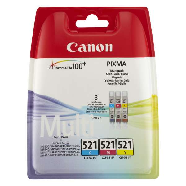 Canon originální ink CLI521, cyan/magenta/yellow, blistr s ochranou, 3x9ml, 2934B011, Canon iP3600, iP4600, MP620, MP630, MP980